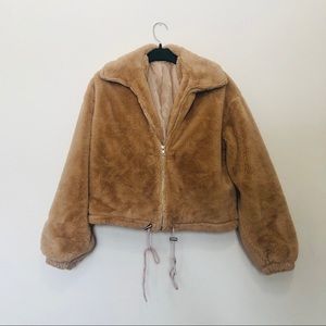 Camel Faux Fur Bomber Jacket